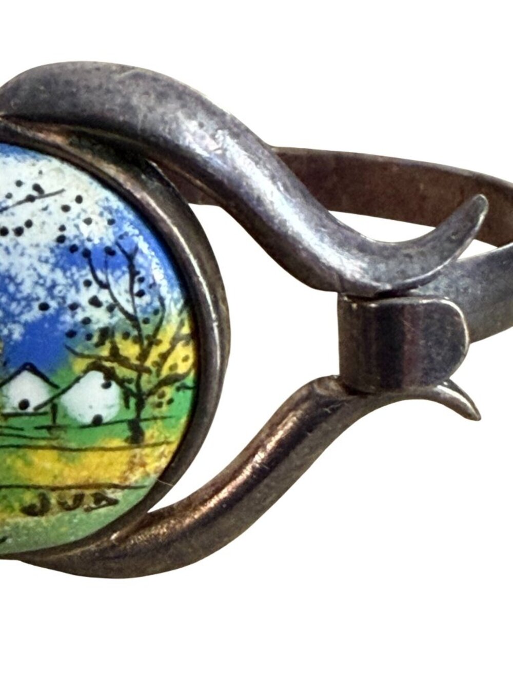 Vintage European Mid-Century Modern Enamel Landscape Hinged Bracelet Signed JUB - Picture 9 of 10